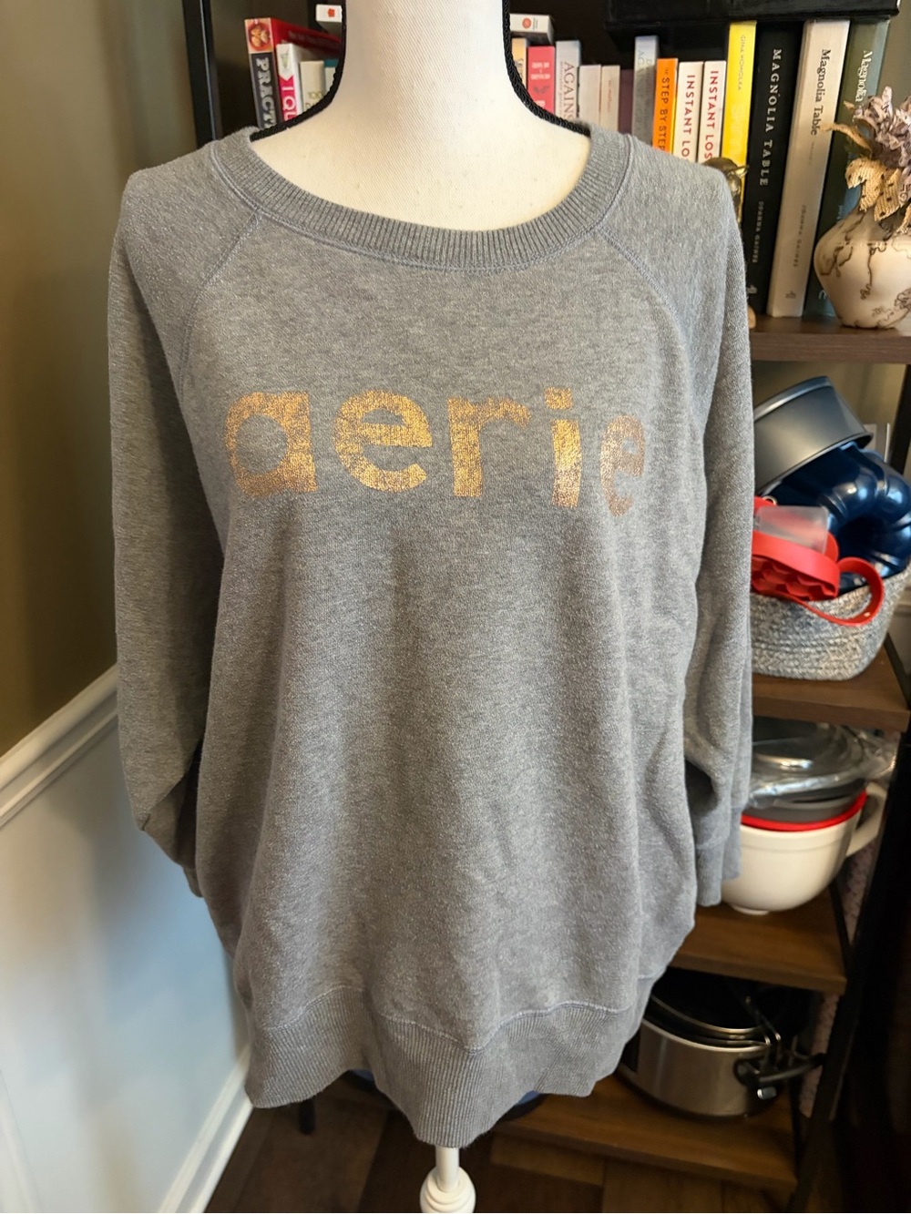 aerie Gray Crewneck Sweatshirt with Rose Gold Logo